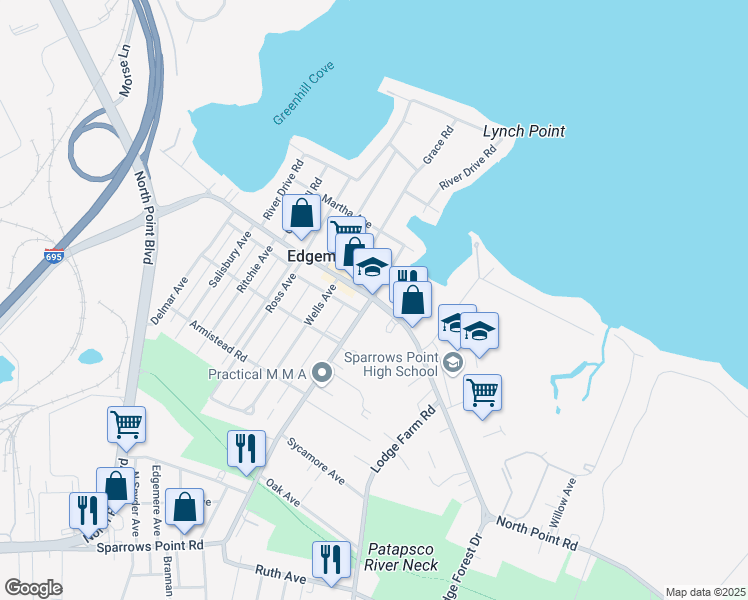 map of restaurants, bars, coffee shops, grocery stores, and more near 7201 North Point Road in Edgemere