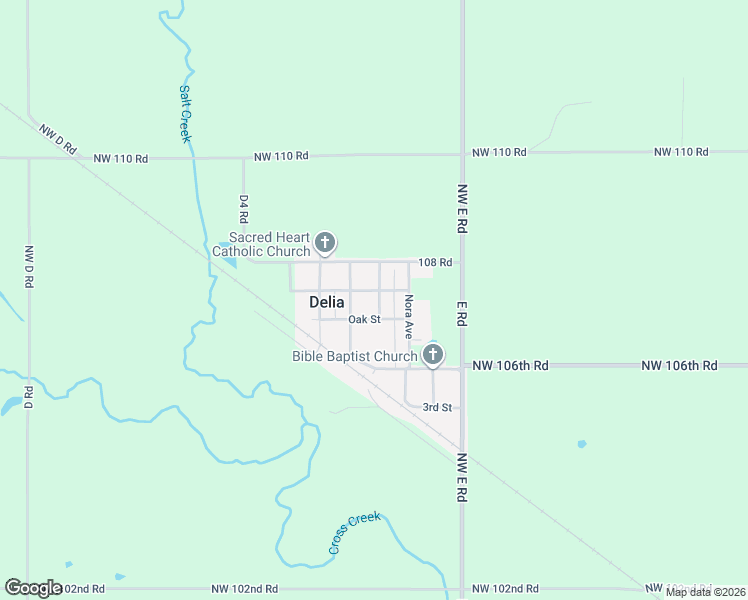map of restaurants, bars, coffee shops, grocery stores, and more near Oak Street in Delia