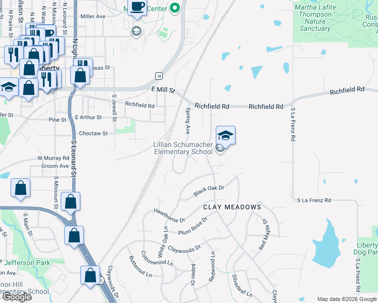 map of restaurants, bars, coffee shops, grocery stores, and more near 821 Spring Court in Liberty