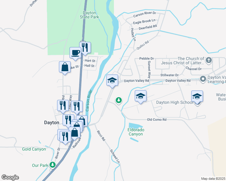 map of restaurants, bars, coffee shops, grocery stores, and more near 315 Dayton Valley Road in Dayton