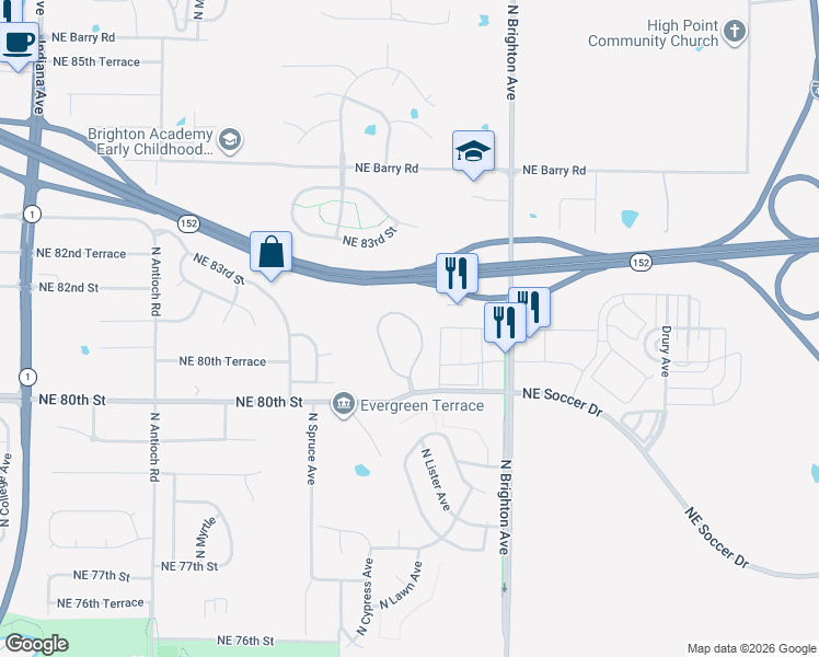 map of restaurants, bars, coffee shops, grocery stores, and more near 8037 North Lawn Avenue in Kansas City