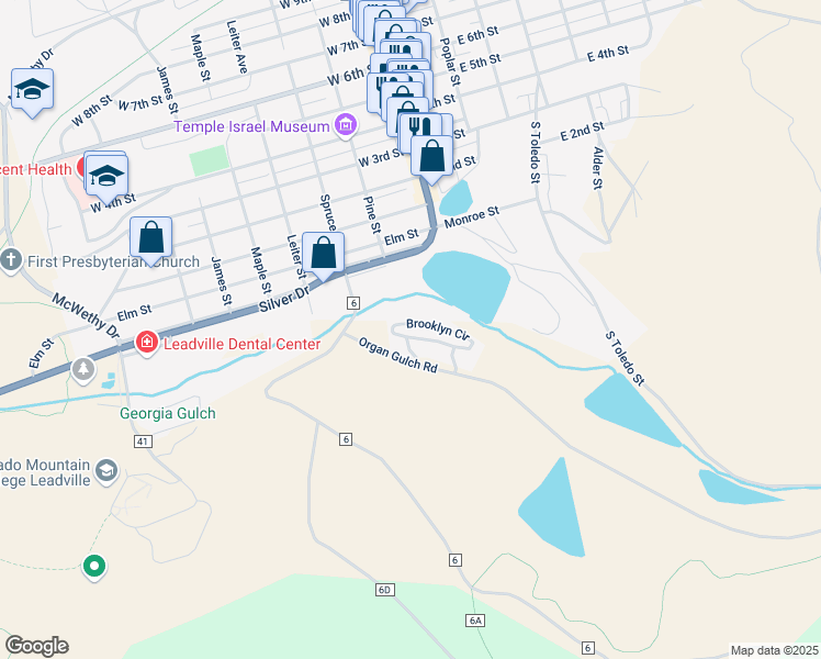 map of restaurants, bars, coffee shops, grocery stores, and more near 102 Brooklyn Circle in Leadville