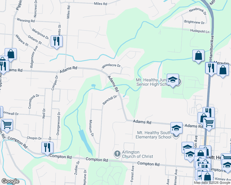 map of restaurants, bars, coffee shops, grocery stores, and more near 9374 Ranchill Drive in Cincinnati