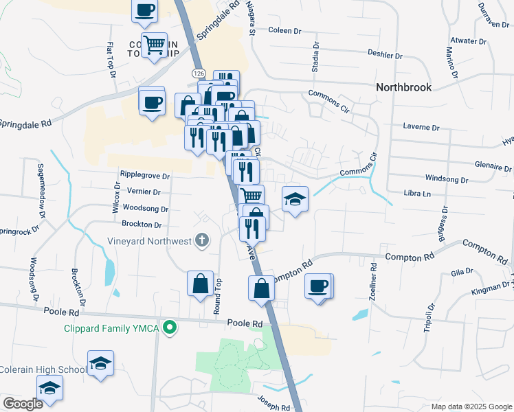 map of restaurants, bars, coffee shops, grocery stores, and more near 9355 Round Top in Cincinnati