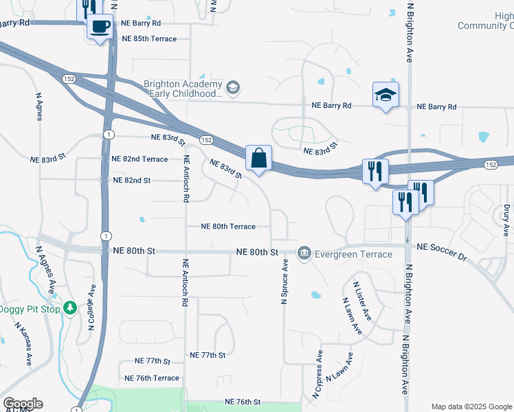map of restaurants, bars, coffee shops, grocery stores, and more near 4124 Northeast 80th Terrace in Kansas City