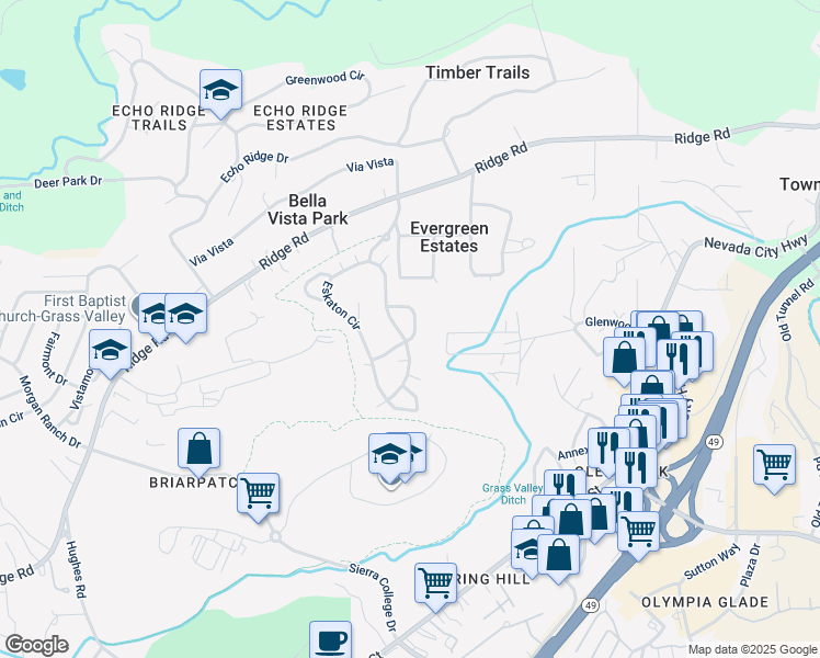 map of restaurants, bars, coffee shops, grocery stores, and more near 215 Mallard Drive in Grass Valley