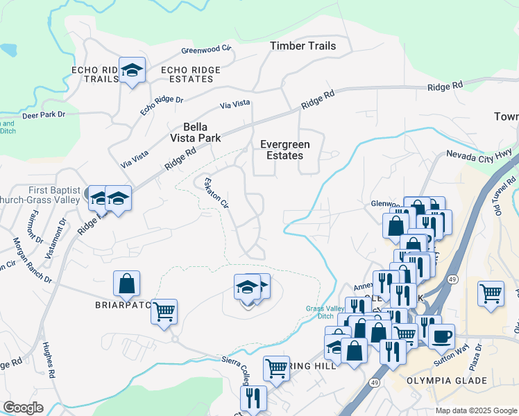 map of restaurants, bars, coffee shops, grocery stores, and more near 215 Mallard Drive in Grass Valley