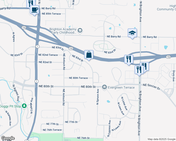 map of restaurants, bars, coffee shops, grocery stores, and more near 4124 Northeast 80th Terrace in Kansas City