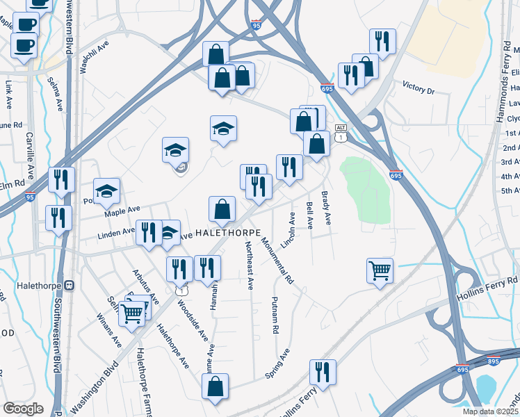 map of restaurants, bars, coffee shops, grocery stores, and more near 4123 Washington Boulevard in Baltimore County