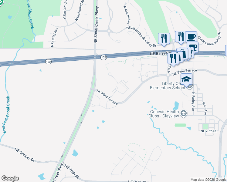 map of restaurants, bars, coffee shops, grocery stores, and more near 8280 North Tullis Avenue in Kansas City