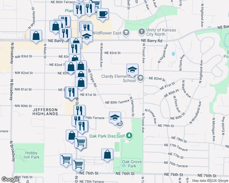 map of restaurants, bars, coffee shops, grocery stores, and more near 721 Northeast 81st Terrace in Kansas City