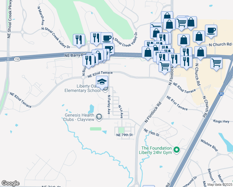 map of restaurants, bars, coffee shops, grocery stores, and more near 8145 North Farley Avenue in Kansas City