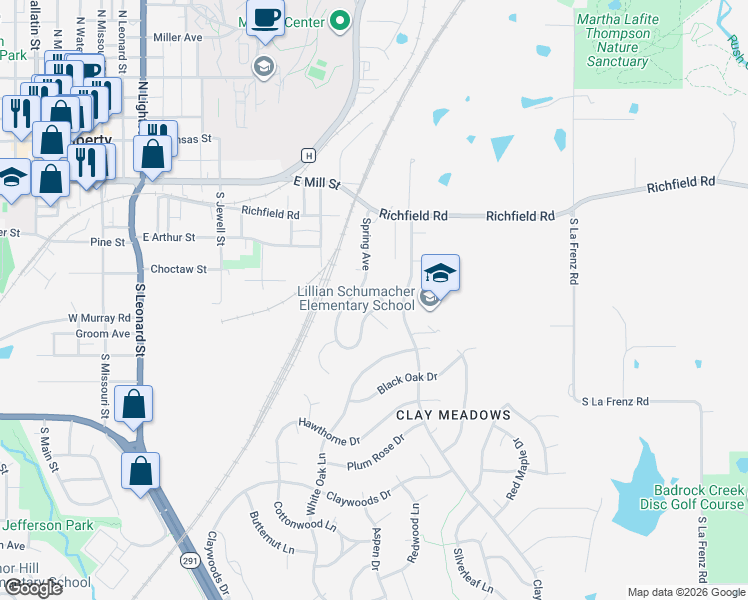 map of restaurants, bars, coffee shops, grocery stores, and more near 419 Spring Avenue in Liberty