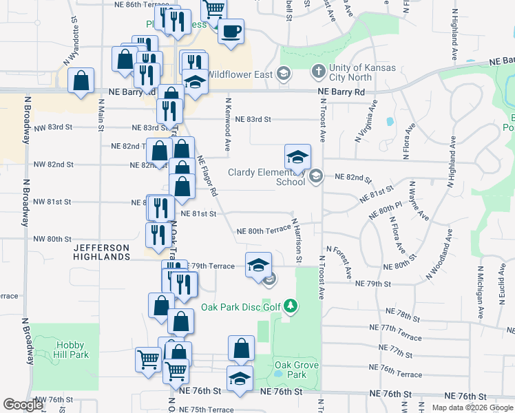 map of restaurants, bars, coffee shops, grocery stores, and more near 721 Northeast 81st Terrace in Kansas City