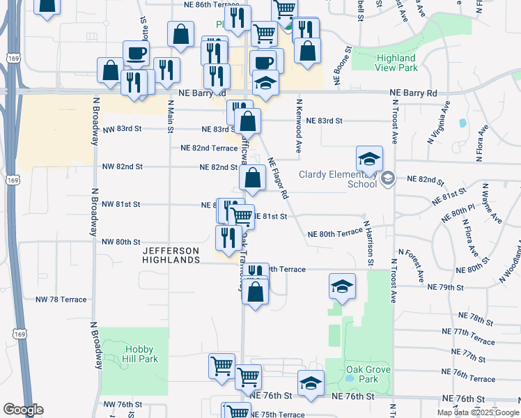 map of restaurants, bars, coffee shops, grocery stores, and more near 425 Northeast 81st Terrace in Kansas City