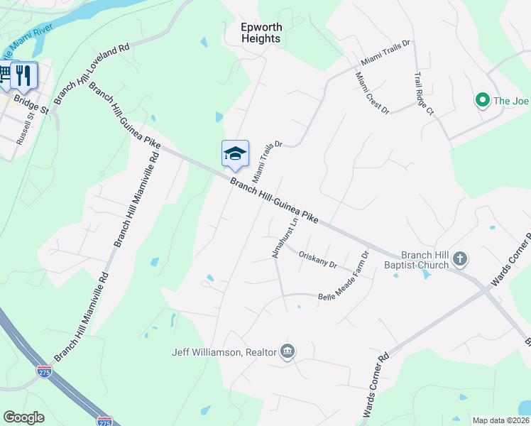 map of restaurants, bars, coffee shops, grocery stores, and more near 6619 Branch Hill-Guinea Pike in Loveland