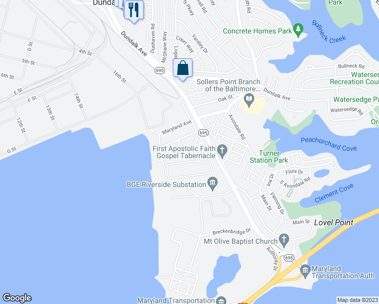 map of restaurants, bars, coffee shops, grocery stores, and more near 17 Woodland Avenue in Dundalk