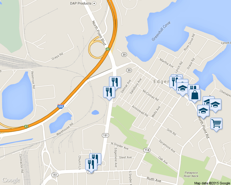 map of restaurants, bars, coffee shops, grocery stores, and more near 2902 Delmar Avenue in Sparrows Point