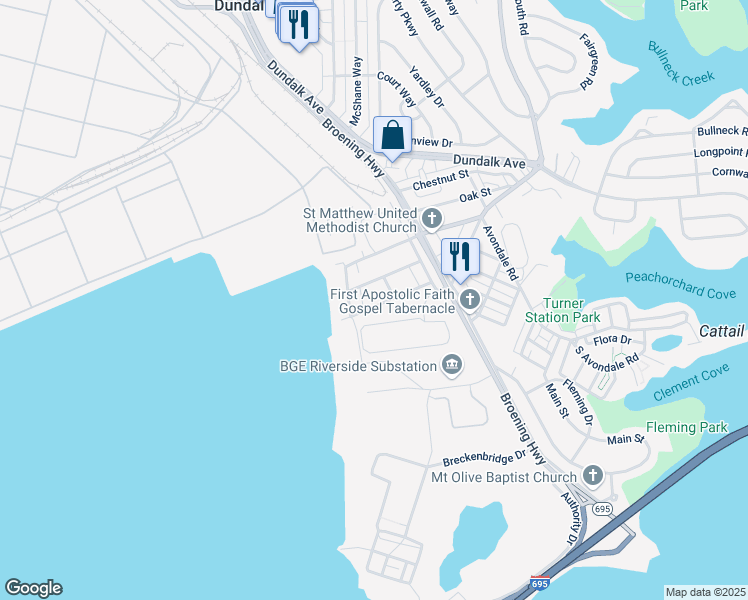 map of restaurants, bars, coffee shops, grocery stores, and more near 110 Woodland Avenue in Dundalk