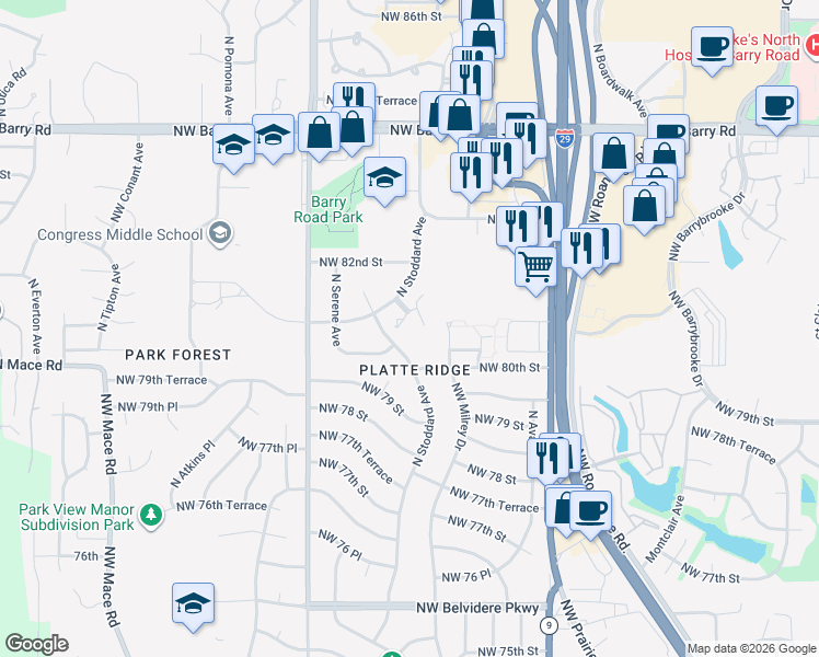 map of restaurants, bars, coffee shops, grocery stores, and more near 8037 North Stoddard Avenue in Kansas City