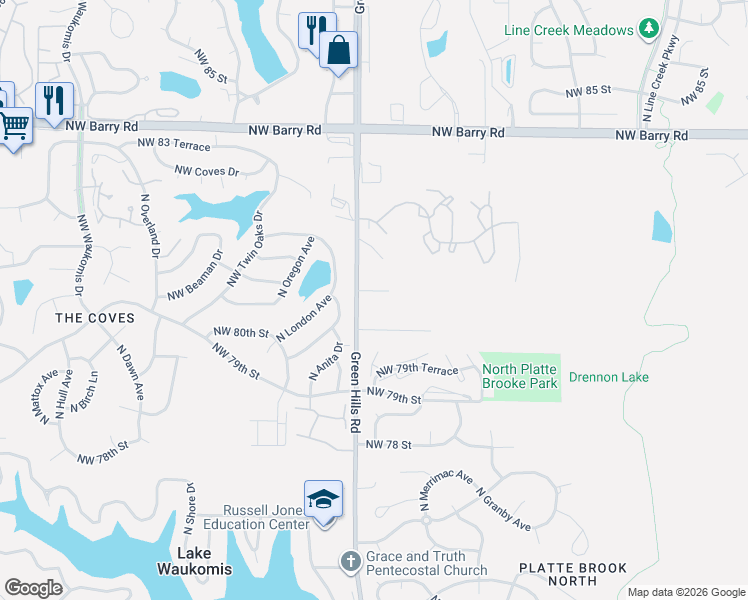 map of restaurants, bars, coffee shops, grocery stores, and more near 4306 Northwest 80th Terrace in Kansas City