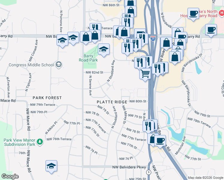 map of restaurants, bars, coffee shops, grocery stores, and more near 8113 North Stoddard Avenue in Kansas City