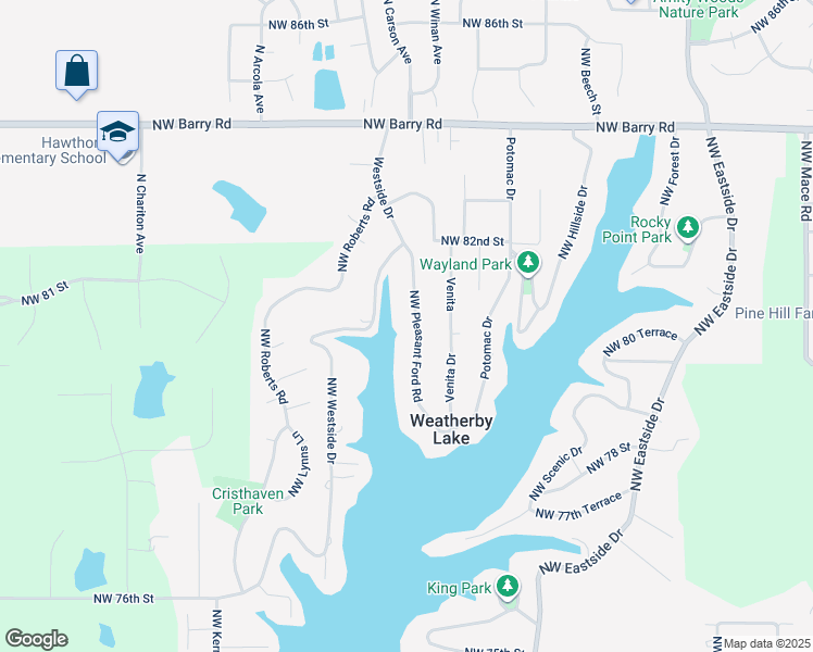 map of restaurants, bars, coffee shops, grocery stores, and more near 8016 Northwest Pleasant Ford Road in Weatherby Lake