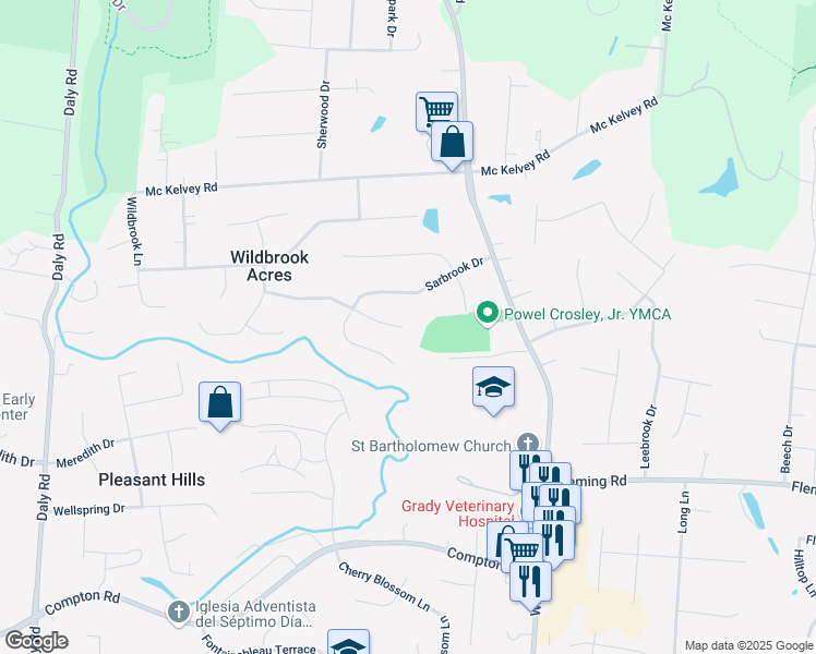 map of restaurants, bars, coffee shops, grocery stores, and more near 907 Sarbrook Drive in Cincinnati