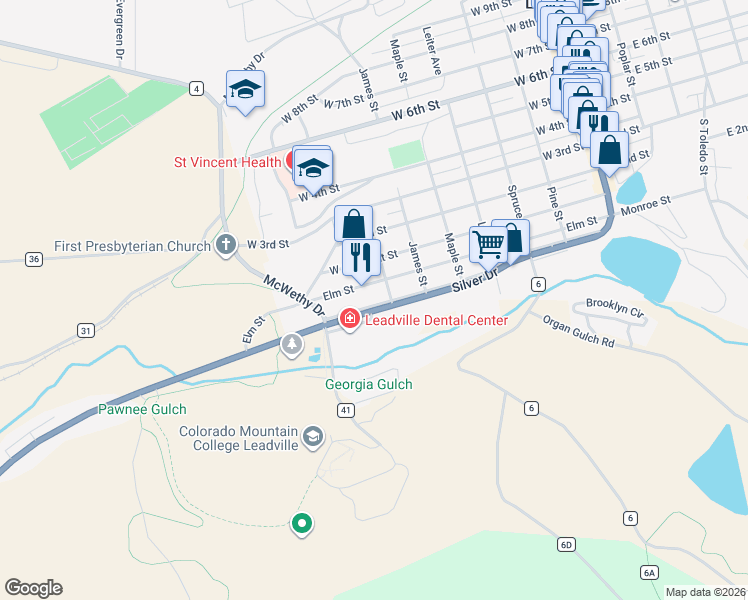 map of restaurants, bars, coffee shops, grocery stores, and more near 714 Front Street in Leadville