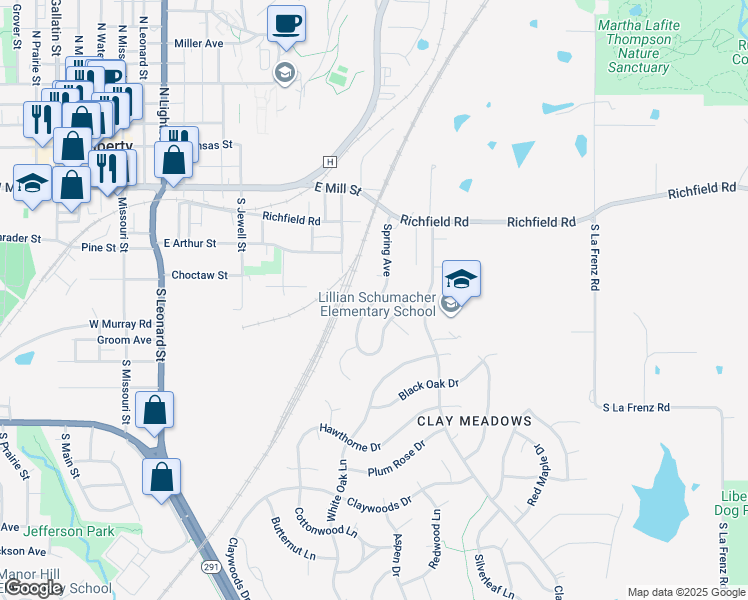 map of restaurants, bars, coffee shops, grocery stores, and more near 419 Spring Avenue in Liberty