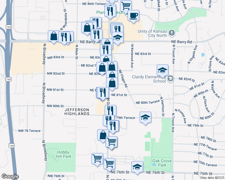 map of restaurants, bars, coffee shops, grocery stores, and more near 425 Northeast 81st Terrace in Kansas City