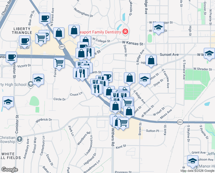 map of restaurants, bars, coffee shops, grocery stores, and more near 1001 Orchard Avenue in Liberty