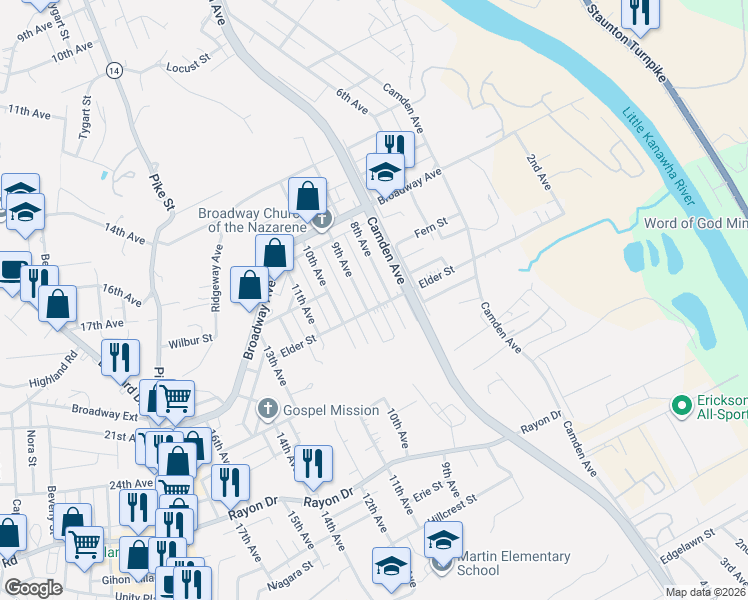 map of restaurants, bars, coffee shops, grocery stores, and more near 4010 8th Avenue in Parkersburg