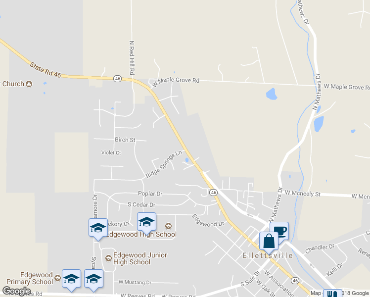 map of restaurants, bars, coffee shops, grocery stores, and more near 1557 State Road 46 in Ellettsville