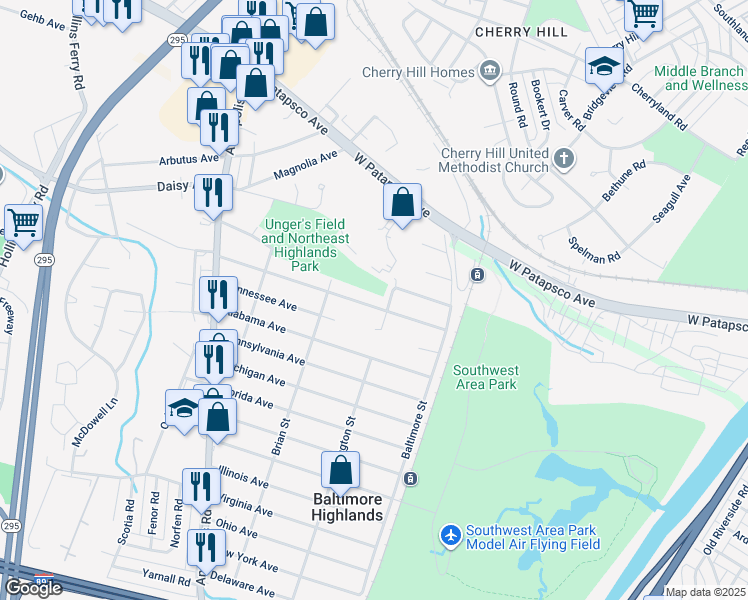 map of restaurants, bars, coffee shops, grocery stores, and more near 2926 Louisiana Avenue in Halethorpe