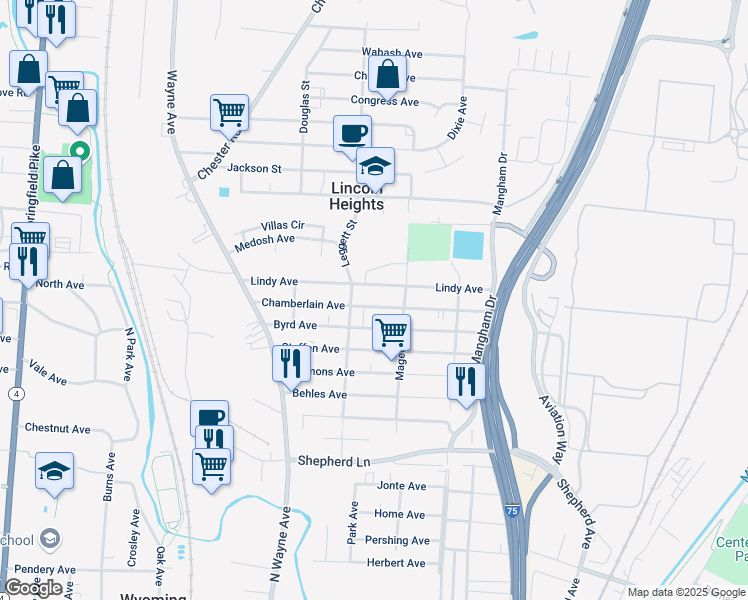 map of restaurants, bars, coffee shops, grocery stores, and more near 1117 Lindy Avenue in Cincinnati