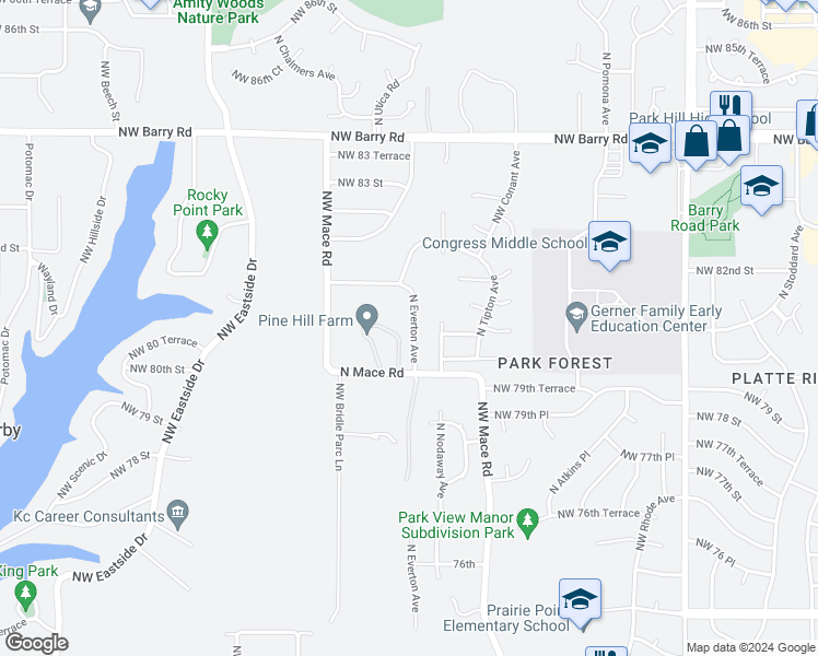 map of restaurants, bars, coffee shops, grocery stores, and more near 8028 North Everton Avenue in Kansas City