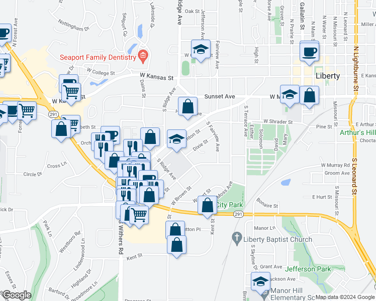 map of restaurants, bars, coffee shops, grocery stores, and more near 680 Dixie Street in Liberty