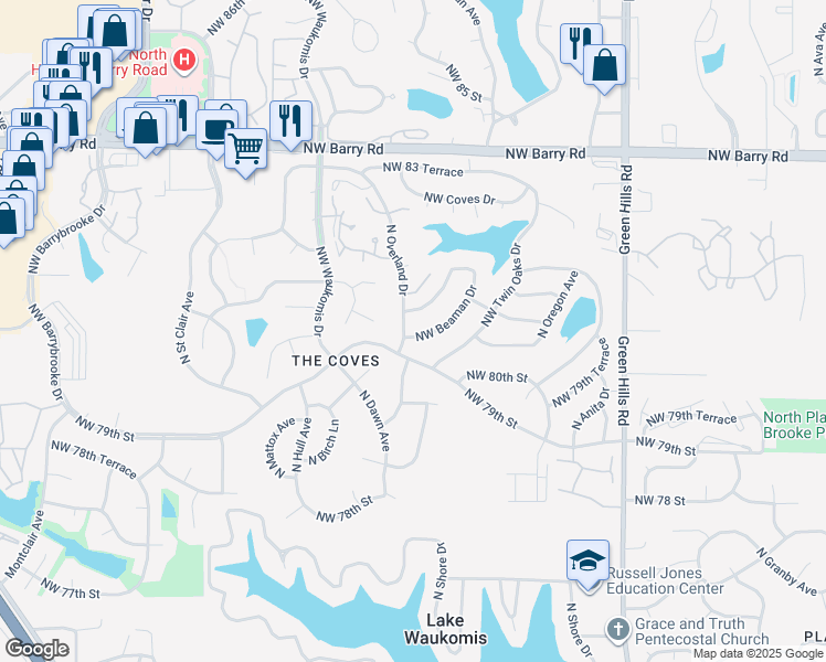 map of restaurants, bars, coffee shops, grocery stores, and more near 8100 Northwest Beaman Drive in Kansas City