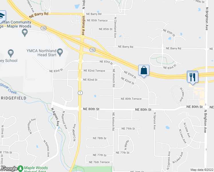 map of restaurants, bars, coffee shops, grocery stores, and more near 3611 Northeast 82nd Street in Kansas City
