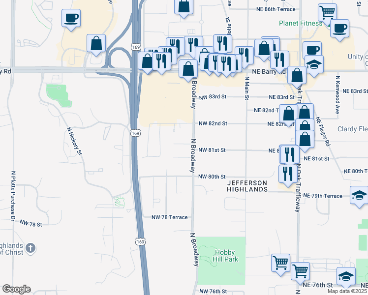 map of restaurants, bars, coffee shops, grocery stores, and more near 400 Northwest 81st Street in Kansas City