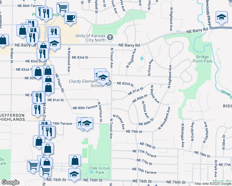 map of restaurants, bars, coffee shops, grocery stores, and more near 1206 Northeast 81st Terrace in Kansas City