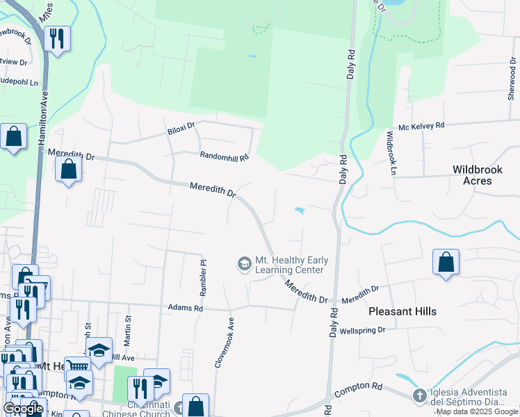 map of restaurants, bars, coffee shops, grocery stores, and more near 1352 Meredith Drive in Cincinnati