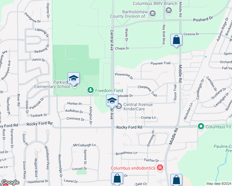 map of restaurants, bars, coffee shops, grocery stores, and more near 1910 Parkside Drive in Columbus