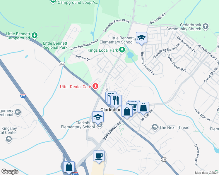 map of restaurants, bars, coffee shops, grocery stores, and more near 23425 Spire St in Clarksburg