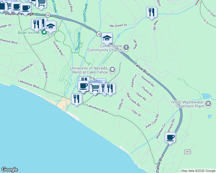 map of restaurants, bars, coffee shops, grocery stores, and more near 153 Country Club Drive in Incline Village