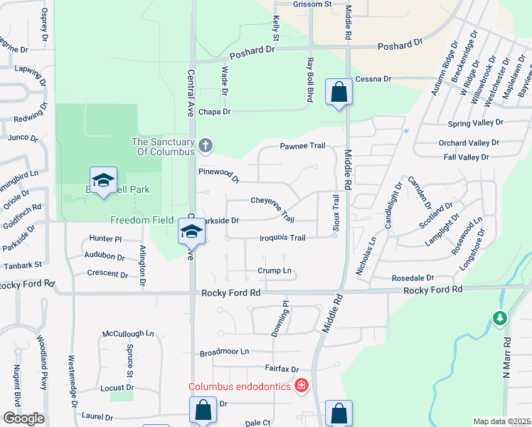 map of restaurants, bars, coffee shops, grocery stores, and more near 2033 Cheyenne Trail in Columbus