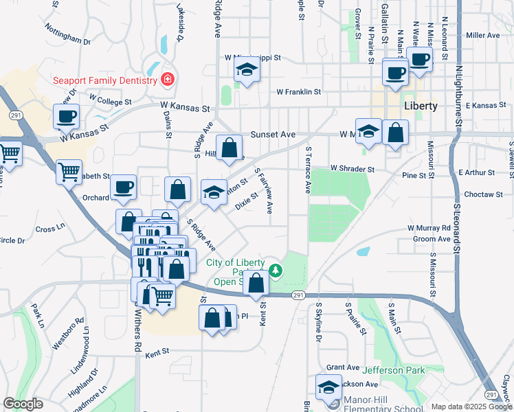 map of restaurants, bars, coffee shops, grocery stores, and more near 631 Dixie Street in Liberty