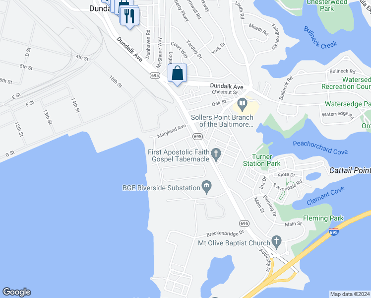 map of restaurants, bars, coffee shops, grocery stores, and more near 16 Woodland Avenue in Dundalk
