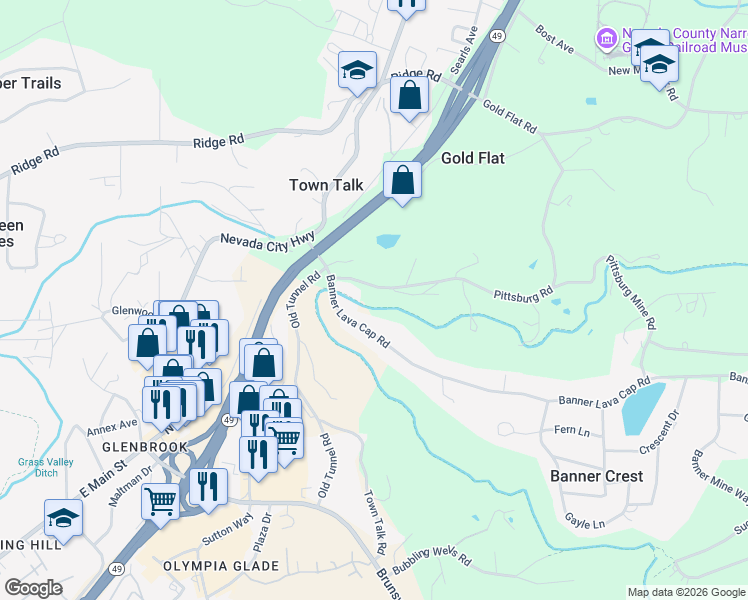 map of restaurants, bars, coffee shops, grocery stores, and more near 10103 Pittsburg Road in Nevada City
